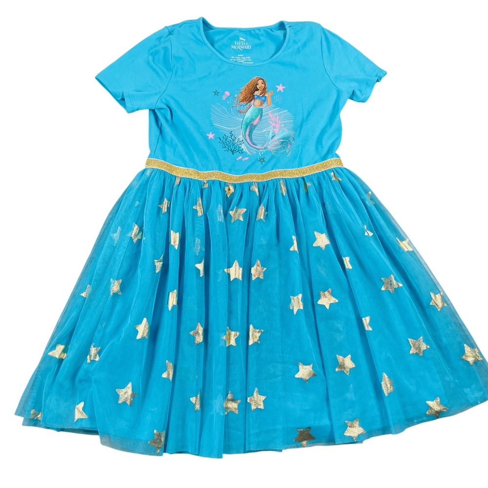 Disney‎ Little Mermaid Ariel Aqua Tulle Dress Gold Stars Girls XL (14)